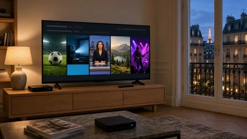 Téléviseur affichant un guide de chaînes IPTV dans un salon